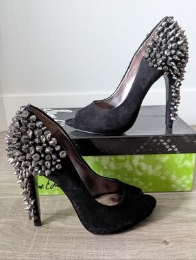 NIB Sam Edelman Lorissa Suede Peep Toe Rhinestone Studded Black Pump Heels 6.5